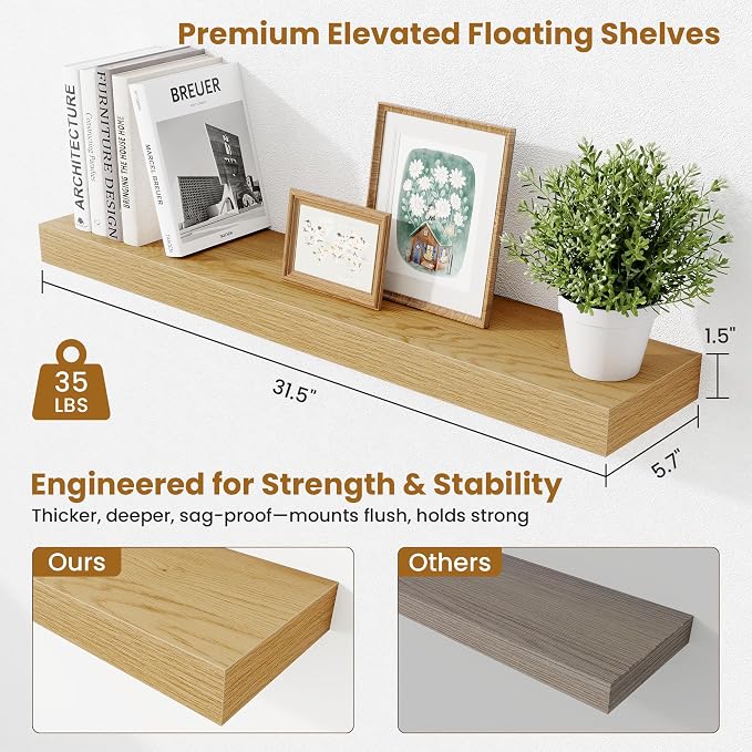 Fun Memories Bathroom Shelves 32 Inch Long Set of 2, Floating Shelves for Wall with Invisible Brackets, for Bedroom, Living Room, Kitchen, Oak