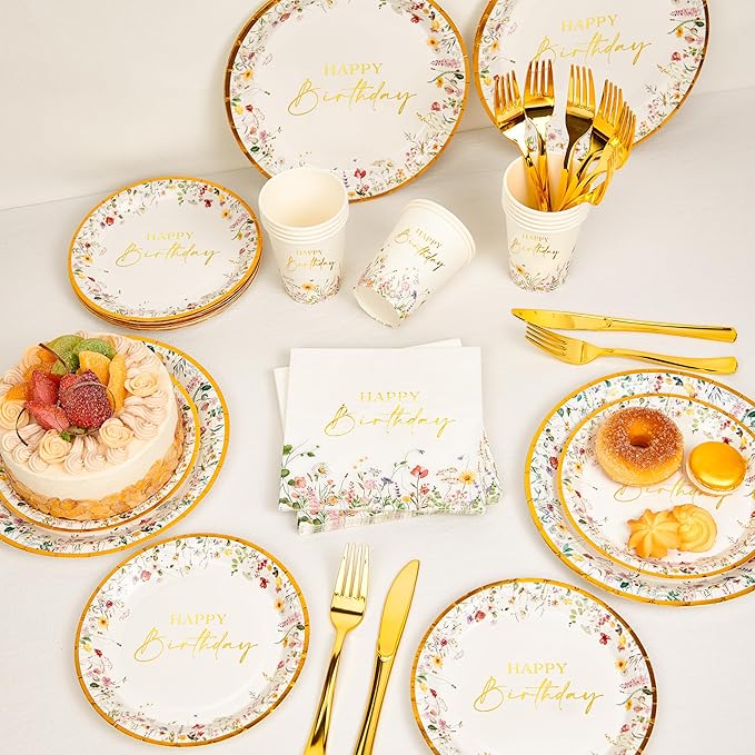 Crisky Wildflower Birthday Plates and Napkins set Women/Men Floral Disposable Tableware Set of 24 for Birthday Party Decorations (Plates, Napkin, Cups, Tablecloth, Knife & Fork)