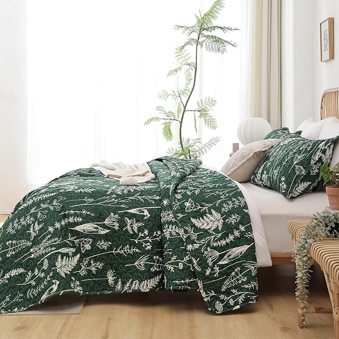 JANZAA Quilts Queen Size Emerald Green Floral Queen Quilt Bedding Set Microfiber Boho Bedspread Lightweight Reversible Coverlet 1 Quilt 90x90 inches with 2 Pillow Cases