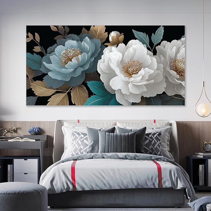 Tarfupth Large White Flower Canvas Wall Art for Bedroom Teal Botanical Gold Artwork for Living Room Office Kitchen Home Modern Canvas Prints 29x58 Inch
