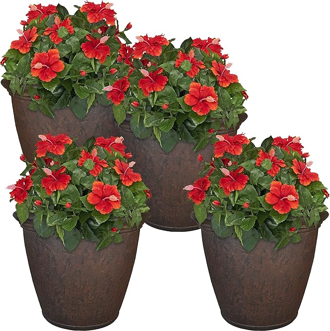 Sunnydaze 24-Inch Anjelica Large Plastic Pot for Plants - Double-Walled Outdoor Polyresin Round Planter Porch Pot with Drillable Drainage Holes - Rust - 4pk