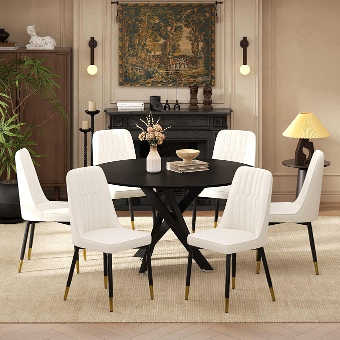 RGZ Mid Century Black Round Dining Table Set for 6, 47" Large Wooden Circle Kitchen Table & 6 White PU Leather Kitchen Chairs, Dinner Table Set for Home, Apartment, Dining Room