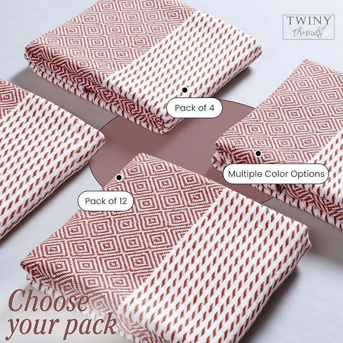 TWINY threads Kitchen Towel Diamond Weave, Premium Kitchen Linen Set, Large 100% Cotton Dish Rags, Absorbent Quick Drying for Daily Use, Washable Reusable, Set of 4, 18x26 Inches, Rust