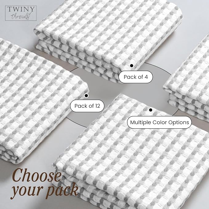 TWINY threads Waffle Kitchen Dish Towels Pack of 4, 100% Cotton 16"x26" Dishcloths Set, Soft, Durable & Highly Absorbent Waffle Weave Tea Towels for Everyday Kitchen Use, Light Grey, White