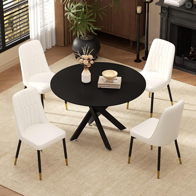 RGZ Mid Century Black Round Dining Table Set for 4, 36" Small Wooden Circle Kitchen Table & 4 White PU Leather Kitchen Chairs, Dinner Table Set for Home, Apartment, Dining Room
