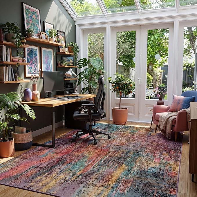 Kokia Abstract Area Rugs 8x10 Bedroom Soft Living Room Rugs Washable Distressed Vintage Comfy Brick Ochre Carpet with Non-Slip Backing for Farmhouse Home Office Room Decor, Oslo Cave