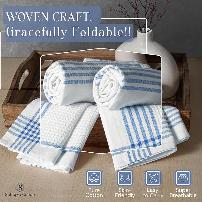 Waffle White & Sky Blue Kitchen Towels 12 Pack, 100% Cotton 16x26 inches, Quick Dry Bar Mop Towel, Super Absorbent Wash Cloths for Cleaning, Drying Dishes, Long Lasting Dishcloth