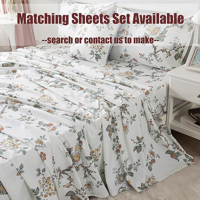 FADFAY Duvet Cover Set Elegant Floral Bedding Shabby Beige Bird Flower Quilt Cover Set Vintage Farmhouse Bedding 100% Cotton Comforter Cover Set with Zipper Closure 3Pcs, King/California King Size
