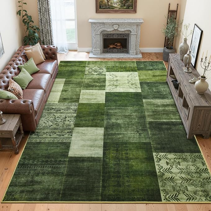 Tepook 6x9 Green Area Rugs for Living Room, Modern Large Geometric Rug for Bedroom, Washable Patchwork Rug Indoor Non Slip Throw Carpets for Dining Room Office Farmhouse Home Decor