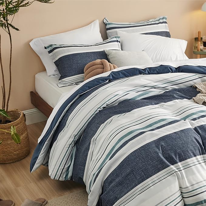 Bedsure Duvet Cover Queen Size - Reversible Striped Duvet Cover Set with Zipper Closure, 3 Pieces Blue Bedding Set with 8 Corner Ties and 2 Pillow Shams 20"x26"