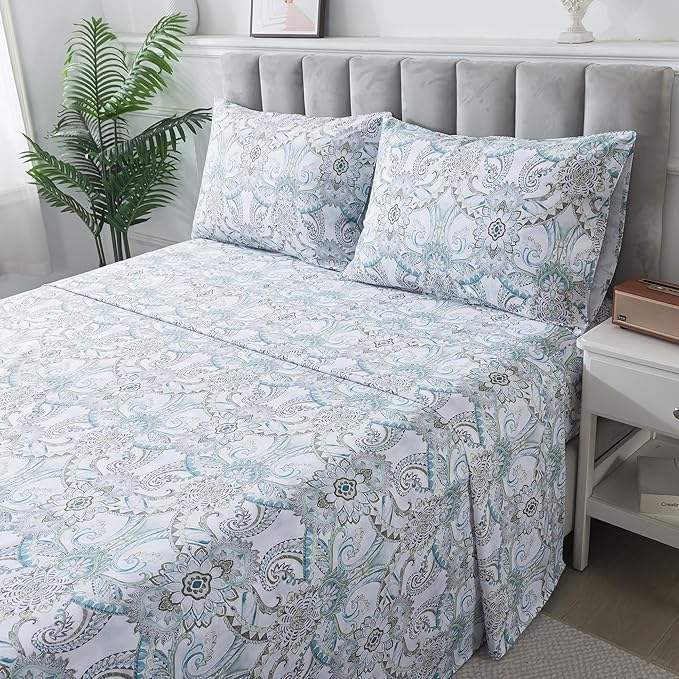FADFAY Blue Paisley Sheets Set Cal King Boho Paisley Bedding Bohemian Damask Paisley Bed Sheet Breathable 100% Egyptian Cotton 800 Thread Count Deep Pocket Fitted Sheet 4Pcs, California King Size