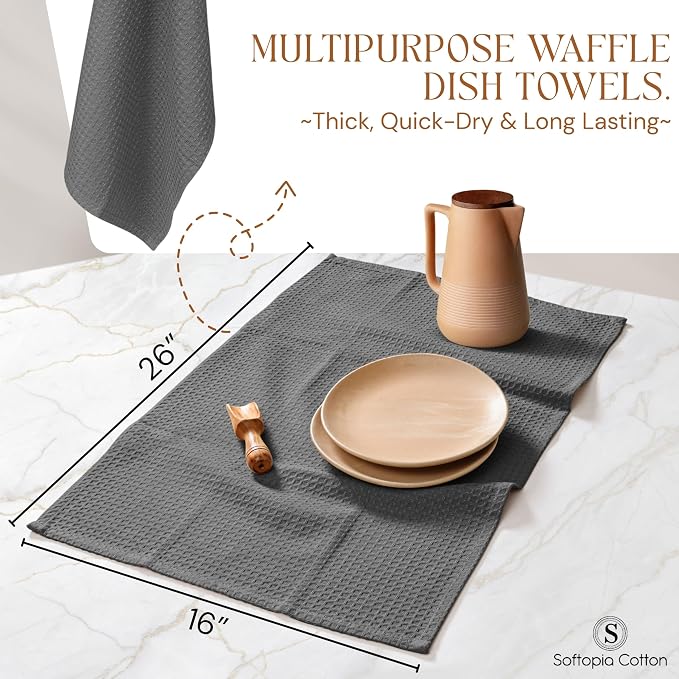 Gray Waffle Kitchen Dish Towels, 100% Cotton, Quick Dry, Super Absorbent, Soft, 16x26 Inches - Ideal for Dish Drying, Bar, Tea, Cleaning, and Everyday Use, 4 Pack, Grey