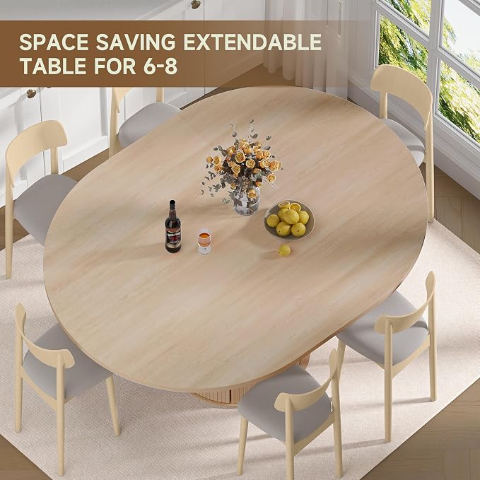 DHH 47"-63" Extendable Round Dining Table for 4–8 with Storage, Mid Century Modern Farmhouse Wood Oval Dinner Table with Pedestal Base for Kitchen, Living Room (Natural Wood)