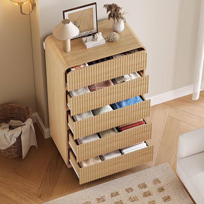 Tall Dresser for Bedroom with 5 Drawers, Fluted Chest of Drawers with Round Curved Corner, Hidden Handles, Modern Wood Storage Organizer for Bedroom, Nursery, Living Room