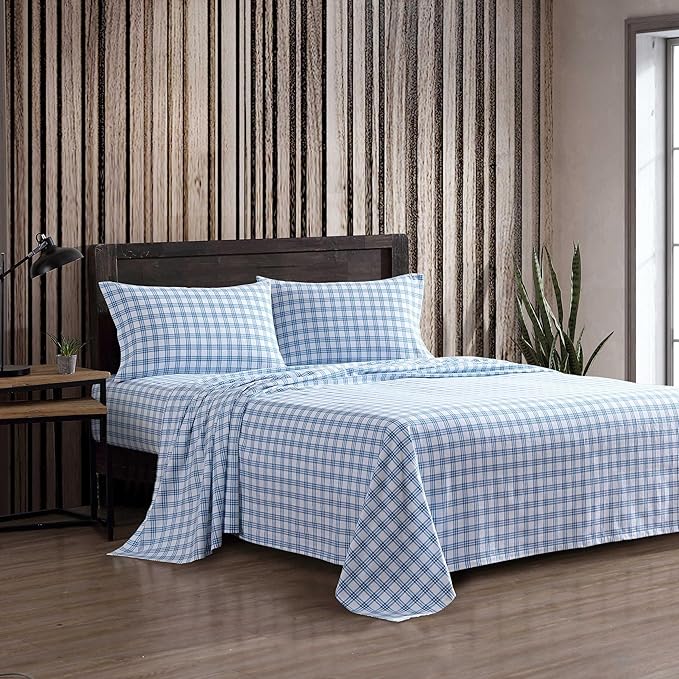 Eddie Bauer - Full Bed Sheets, Cotton Flannel Bedding Set with Matching Pillowcases, Brushed for Extra Softness, Deep Pocket, Oeko-Tex Certified (Arrowhead Tartan Blue)