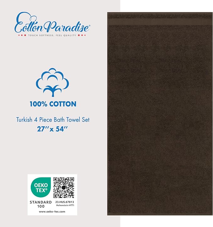 Cotton Paradise 4 Piece Turkish Bath Towels for Bathroom, 100% Cotton Extra Large Soft Plush Towels Bathroom Set, Brown