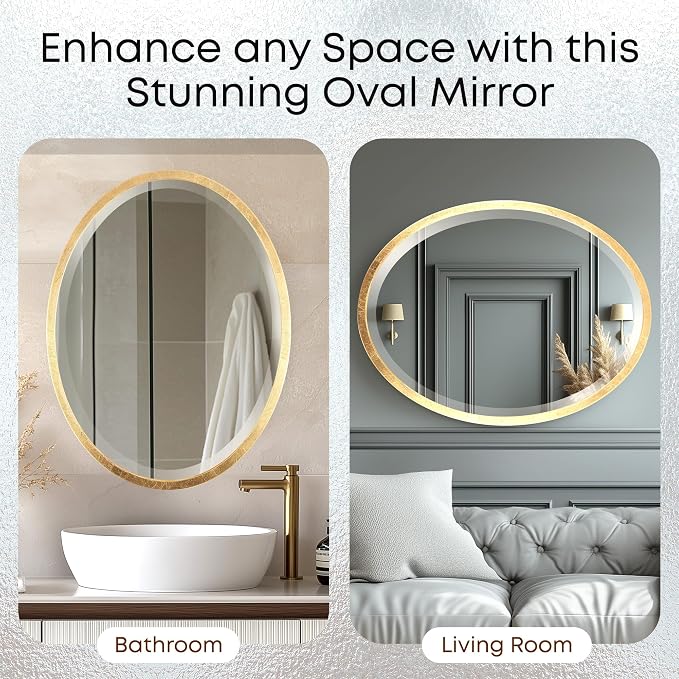 OVALCREST - Oval Wooden Beveled Wall Mirror for Home Decor, Bathroom, Vanity, Bedroom, Living Room, Hallway - London Style (Gold Leaf) 25.1 x 19.1