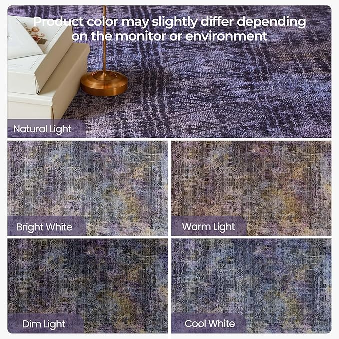 Kokia Abstract Area Rugs Washable Indoor 6x9 Rug Boho Distressed Retro Low Pile Non-Slip Non-Shedding Black Purple Carpet Bedroom Living Room Dining Room, Violet and Slate Blue