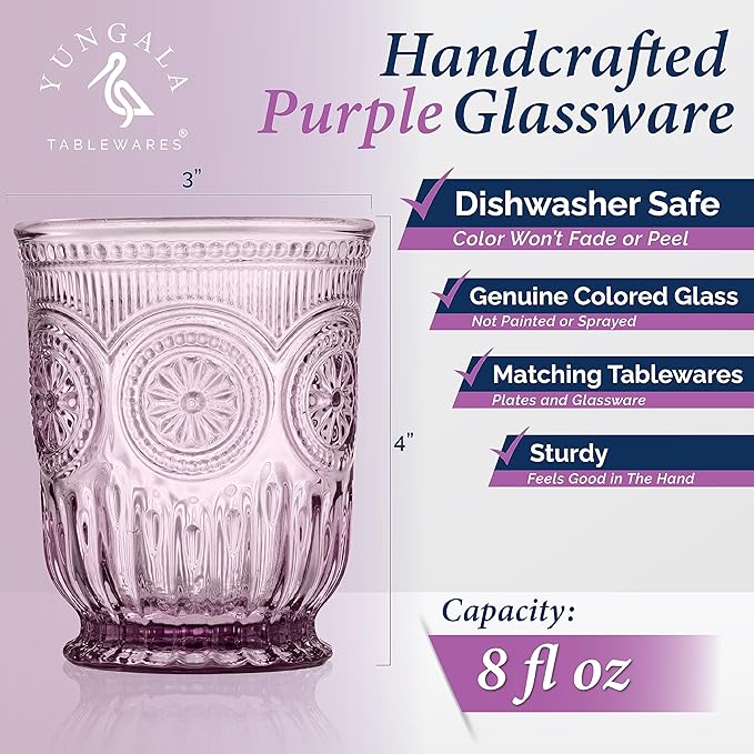 Purple Glassware, set of 6 purple drinking glasses small textured colored vintage glass cups,(Sunflower Goblets)