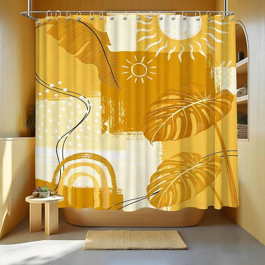 Extra Long Shower Curtain XL Mustard Yellow Leaf, 108 x 72 Inchs | for Extra Tall 108 Inchs Shower, Boho Botanical Pattern Design, Large Bathroom Decor Sets Waterproof Cloth Fabric, with Hooks