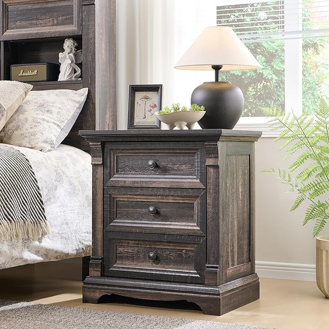 T4TREAM 24" Wide 3 Drawer Dressers, Farmhouse 26" Tall Bedside Side Table with 3 Drawers, Wooden Side Table with Roman Column, End Table for Bedroom, Living Room, Hallway, Dark Rustic Oak