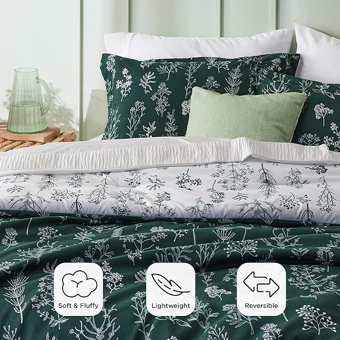 Bedsure Full Comforter Set - Emerald Bed Set, 3 Pieces Cute Floral Bedding, 1 Soft Reversible Botanical Flowers Comforter and 2 Pillow Shams