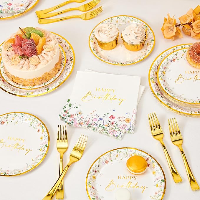 Crisky Wildflower Birthday Plates and Napkins set Women/Men Floral Disposable Tableware Set of 24 for Birthday Party Decorations (Plates, Napkin, Fork)