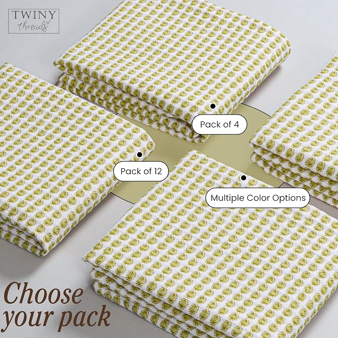 TWINY threads Circle Waffle Kitchen Towels 4 Pack, 16"x26", 100% Cotton, Super Absorbent, Durable, Vibrant Dishcloth Set, Great for Summer Decor, Cleaning Spills, Lemon Green