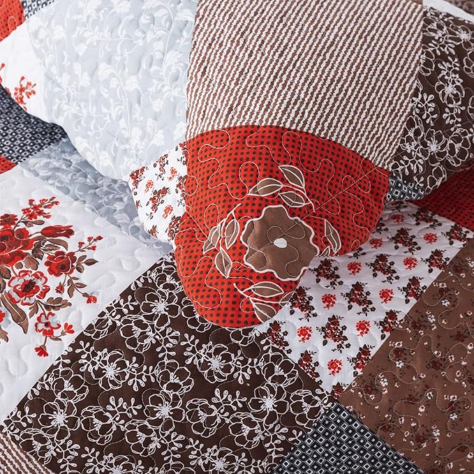 HoneiLife Quilt Set Queen Size - 3 Piece Microfiber Bedspread Reversible Coverlet Patchwork Bedding Set Lightweight Bedcover Floral Bedspreads All Season Quilts-Amaranth Red