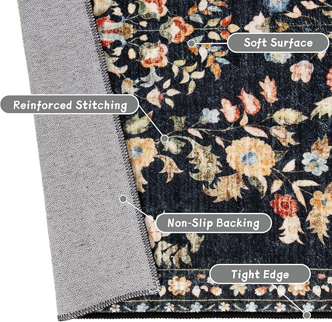 MUJOO Black Rug 6x9,Washable Floral Rugs for Living Room Bedroom Dining Room,Boho Indoor Floor Rug Large Non Slip Throw Carpet Low Pile Vintage