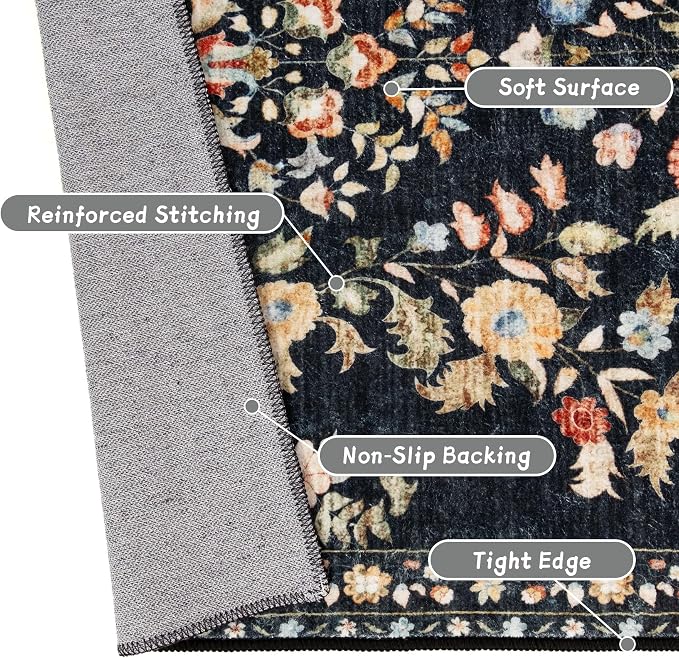 MUJOO Washable Runner Rug for Kitchen Hallways,2x6 Runner Rug Non Slip,Floral Carpet Runner for Bathroom Bedroom Laundry Floor,Long Mat Boho Indoor Vintage Low Pile Black