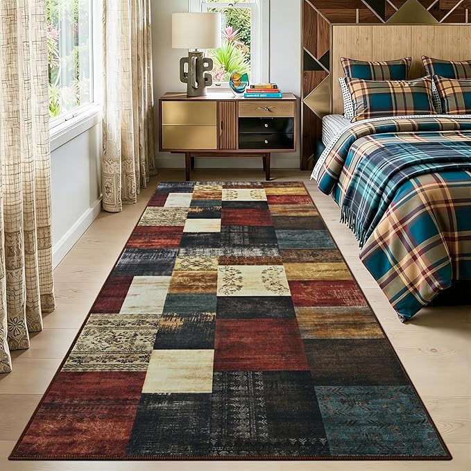 Tepook Modern Runner Rug for Living Room, 2x6 Washable Rugs for Bedroom Hallway, Geometric Patchwork Runner Rug Non-Slip Indoor Throw Carpet for Entryway Kitchen Office Home Decor, Multi