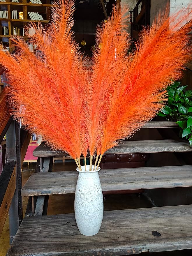 Premium Faux Pampas Grass Decor Tall & Fluffy, No Assembly Needed Long Pampas, Luxury Large Floral, Elegant Feather Flowers for Wedding Decor(Faux Orange, 8pcs 43.3"(110cm))