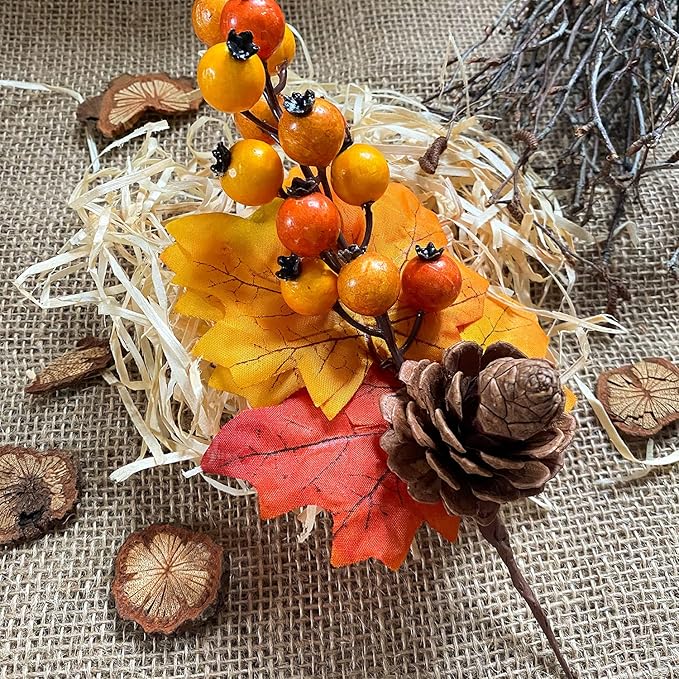 6 Pack Fall Stems Artificial Berry Picks Fall Picks with Pine Cone Maple Leaves Branches Decorations for Harvest Autumn Thanksgiving Day Flower Arrangements Wreaths Indoor Outdoor Home Decor