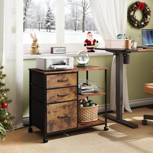 DEVAISE 3 Drawer Mobile File Cabinet - Rolling Printer Stand with Open Storage Shelf | Rustic Brown Wood Grain, Fits A4 & Letter Size