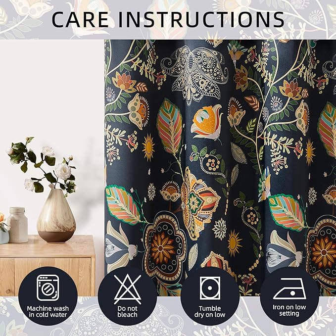 XiDi Floral Blackout Bedroom Curtains 63 Inches Long 2 Panels Room Darkening Thermal Insulated Vintage Mid Century Modern Curtains Patterned Flower Leaf Grommet Drapes for Home Decor 52x63 Navy Blue