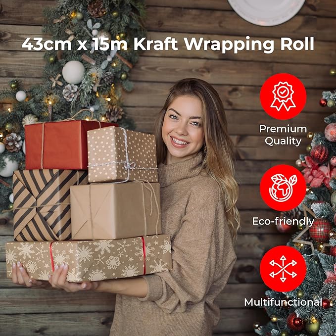 volila Brown Paper Roll 17.5 inch x 50 feet - Snowflakes Kraft Paper Roll for Gift Wrapping Flower Boquet Craft Supplies - Brown Wrapping Paper for Moving Packing Paper