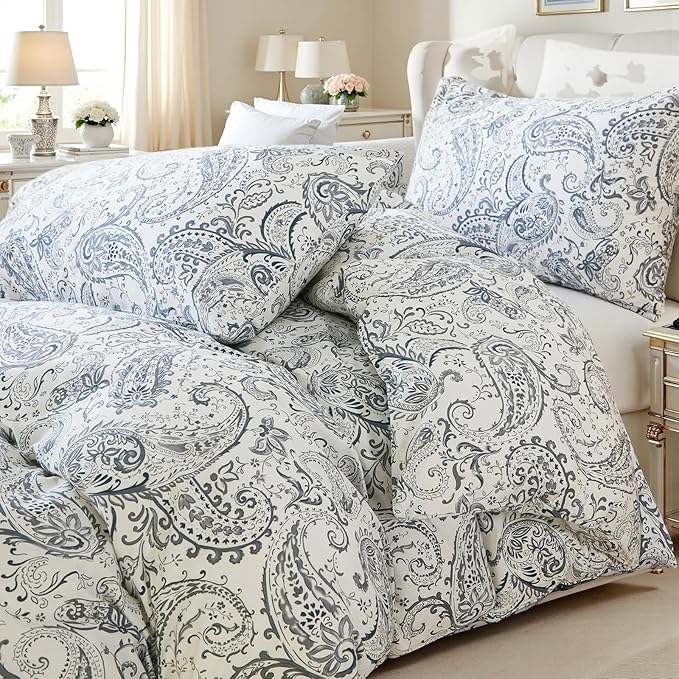 100% Cotton Duvet Cover Sets Queen Size, 3 Pieces Reversible Soft Bedding Sets,Blue Floral Paisley Comforter Cover, Breathable, Lightweight, All Season
