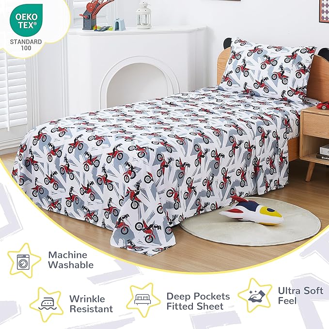Viviland 3 Pieces Boys Grey Twin Sheet Set - Soft Microfiber Fitted Flat Sheets & Pillowcase - Red Motorcycle Print Bedding Sets - for Kids & Toddlers