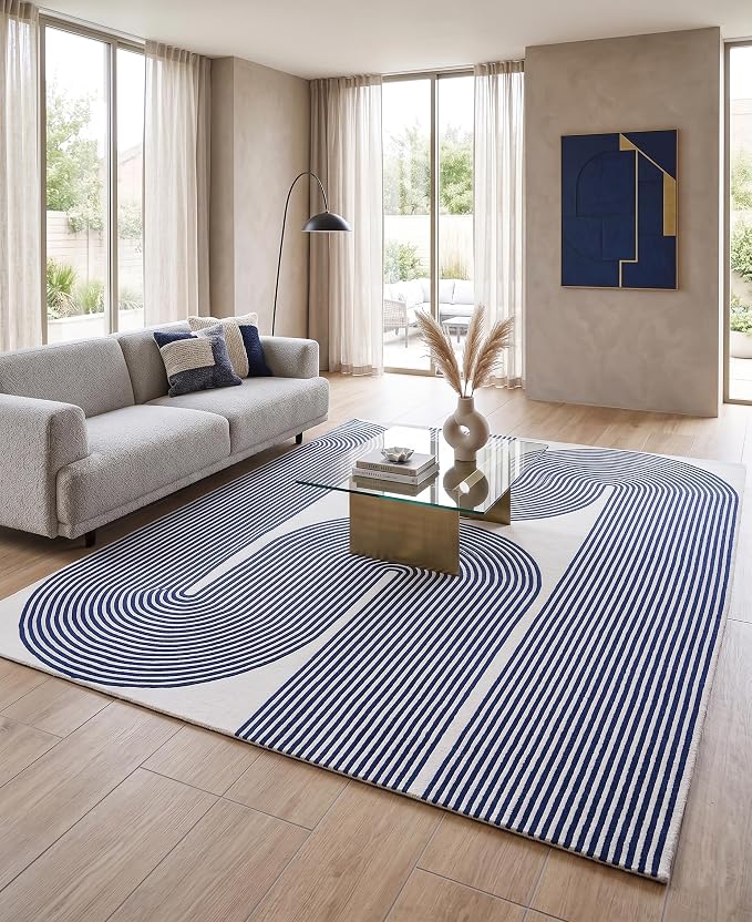 Modern Handmade Wool Area Rug, Abstract Curved Line Geometric Indoor Carpet for Living Room Bedroom, Contemporary Tufted Rug with Soft Pile and Cotton Backing (Royal Blue, 10' x 14')