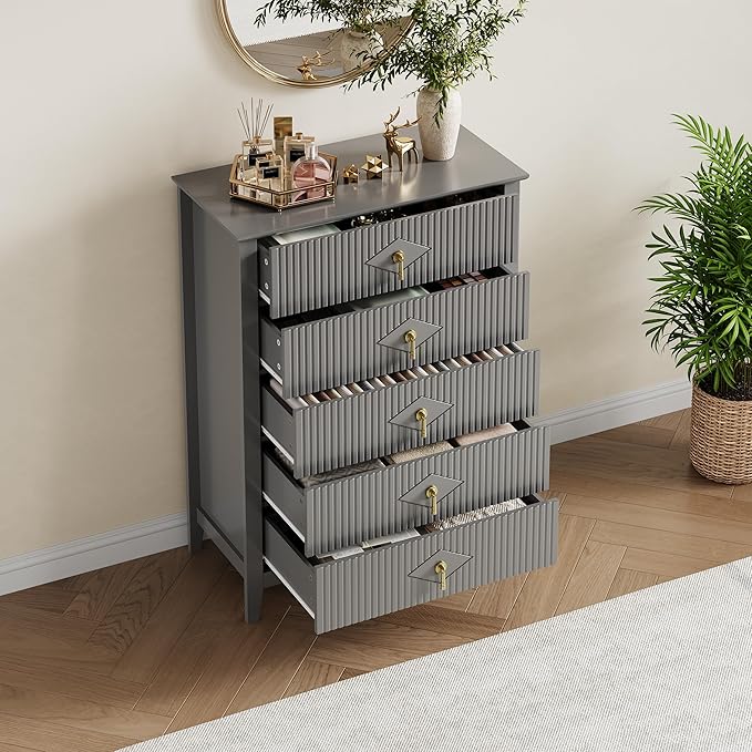 GarveeHome Fluted Dresser for Bedroom, 42.9" Tall 5-Drawer Wood Dresser, Modern Chest of Drawers, Storage Organizer Cabinet for Living Room, Hallway, Entryway, Grey