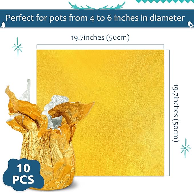 10 PCS Foil Wrap for Potted Plant, 19.7×19.7 inches Golden Floral Foil Plant Pot Covers, Matte Texture Wrapping Paper for Christmas Plant Pot, Foil Wrapping Paper for DIY Christmas Flower Pot (Gold)