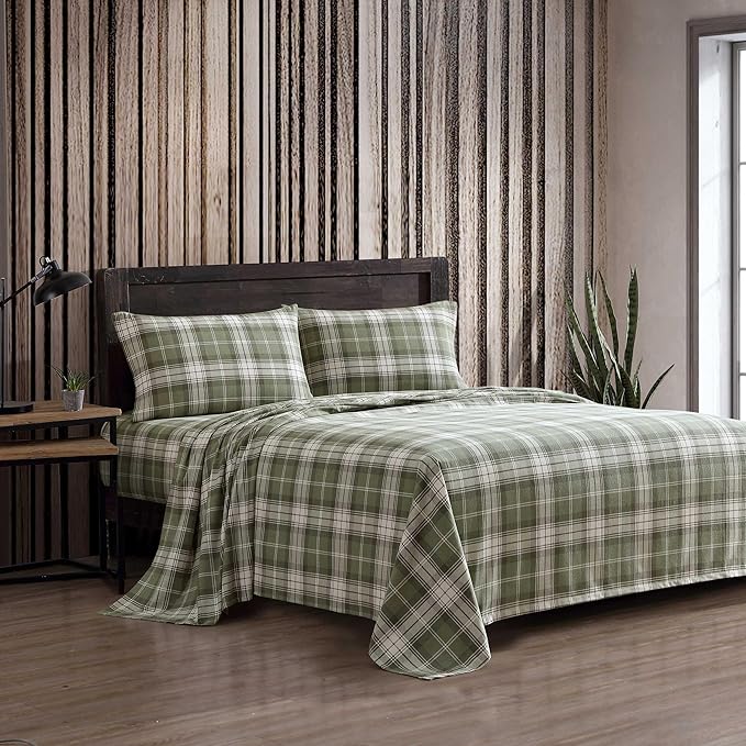 Eddie Bauer - Twin Bed Sheets, Cotton Flannel Bedding Set with Matching Pillowcase, Brushed for Extra Softness, Deep Pocket, Oeko-Tex Certified (Heartland Plaid Green)