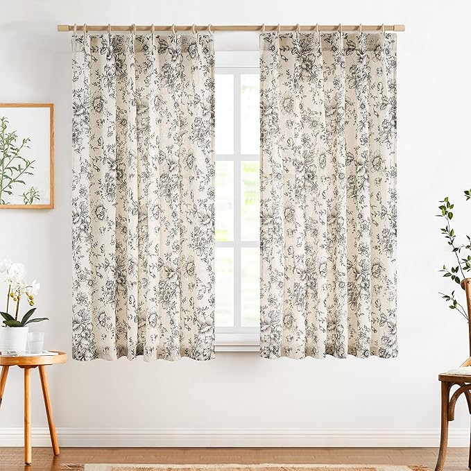 jinchan Pinch Pleated Curtains Floral Linen Blend Curtains for Living Room 63 Inch Length Black Peony Flower Printed Curtain Rod Pocket Back Tab Farmhouse Pinch Pleat Drapes with Hooks Set 2 Panels