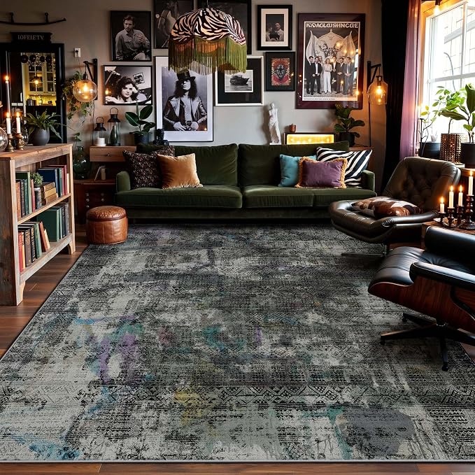 Kokia Abstract Area Rugs 9x12 Bedroom Washable Decor Low Pile Non-Slip Non-Shedding Indoor Black-Gray Carpet Foldable Stain Resistant Floor Mat Living Room Dining Room