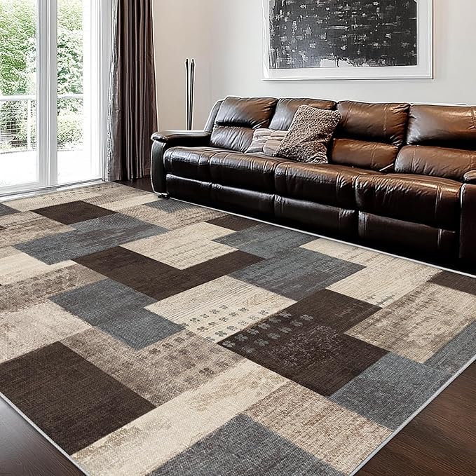 Modern Geometric Patchwork Indoor Area Rug for Living Room, Blue-Taupe 4'x 6' Large Rug Rockwood Collection Hardwood Floors Decor for Bedroom, Blue Throw Carpet for Office Entryway Dining Room