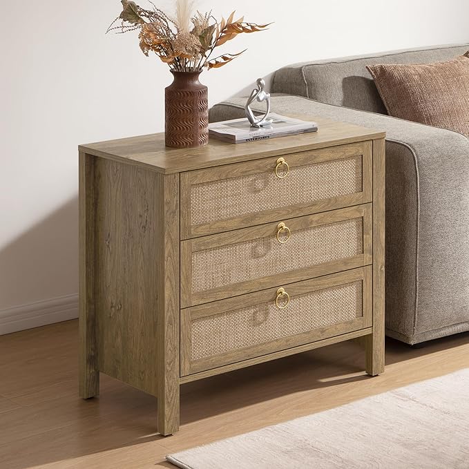 SICOTAS Night Stand with Drawers, Large Rattan Bedside Table with Golden Handle, 3 Drawers Nightstand Tall End Table Side Table Boho Nightstand for Bedroom