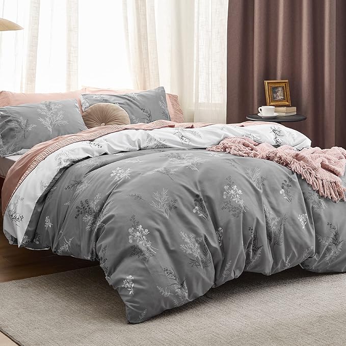 Bedsure Duvet Cover King Size - Reversible Floral Duvet Cover Set with Zipper Closure, 3 Pieces Grey Bedding Set with 8 Corner Ties and 2 Pillowcases 20"x36"