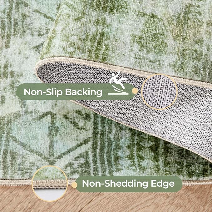 Kokia Abstract Green Area Rugs 8x10 Bedroom Soft Living Room Rugs Washable Distressed Vintage Comfy Carpet with Non-Slip Backing for Farmhouse Home Office Room Decor, Sage Green