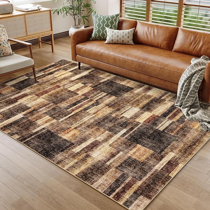 Large Living Room Area Rug 8x10 - Machine Washable Modern Rugs Geometric Brown Rug Non Slip Non-Shedding Low Pile Farmhouse Carpet for Bedroom Nursery Classroom Dorm 8'x10' Brown